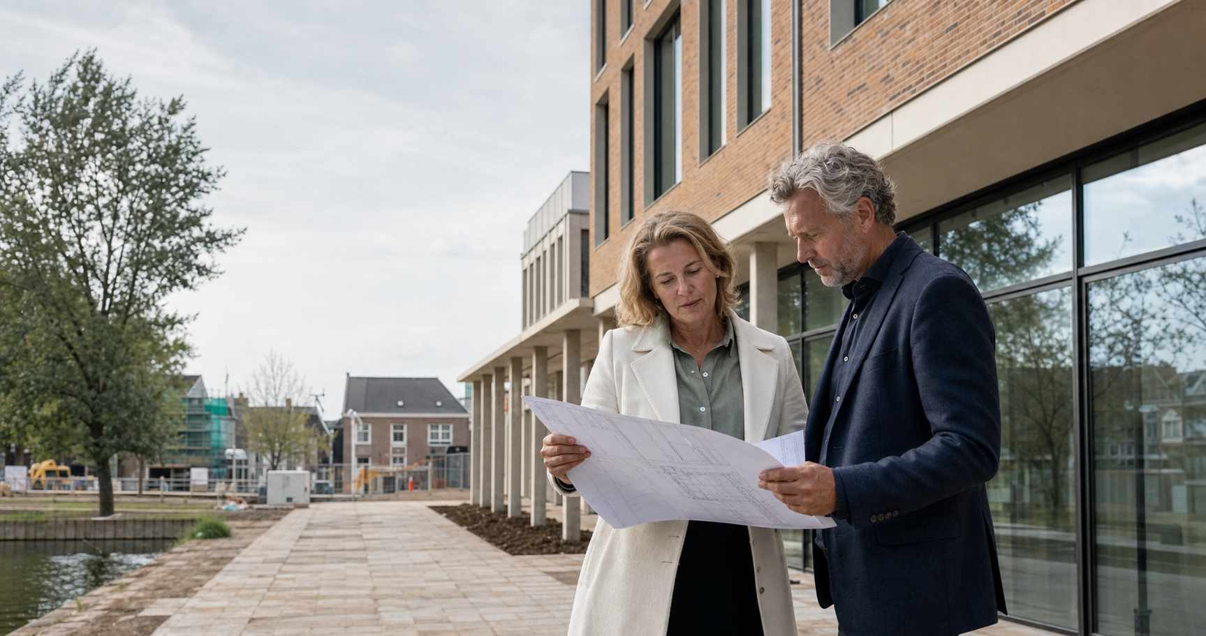 Twee professionals bespreken bouwtekeningen bij een Nederlands bouwproject